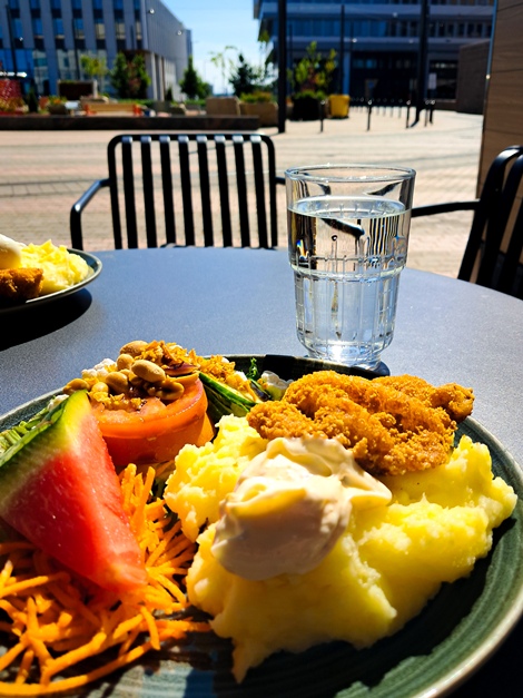 Kuvassa lounaslautanen ulkoilmassa