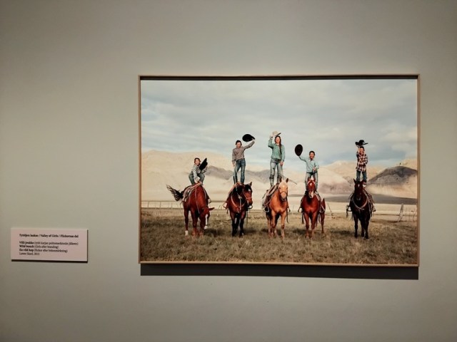 Kuvassa on valokuvataulu viidestä hevosten päällä seisovasta ihmisestä